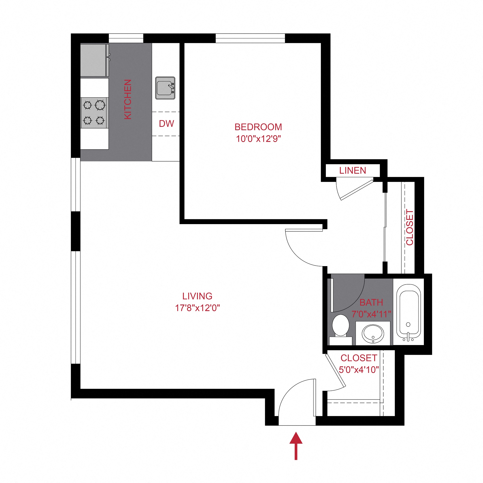 Floor plan for 1 bed, 1 bath, 565 sqft